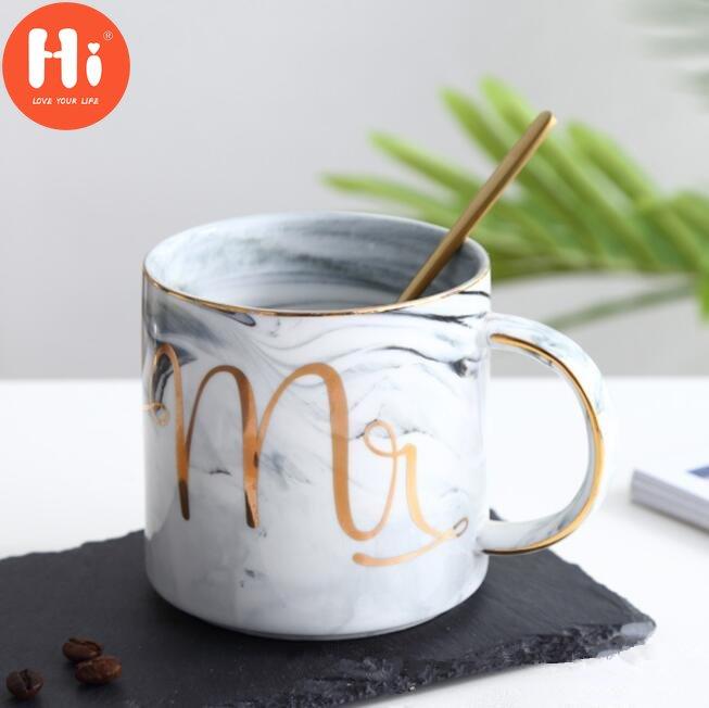 Hi European Gold Stamping Mark Loving Cup of Coffee Sir MS Letter Men Women Ceramic Mugs Marble Cup