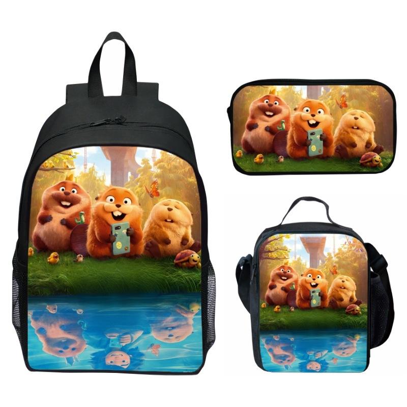 Hoppers Beaver Metamorphosis Print 3-Piece Set School Backpack Lunch Bag Pencil Case Cartoon Student Set