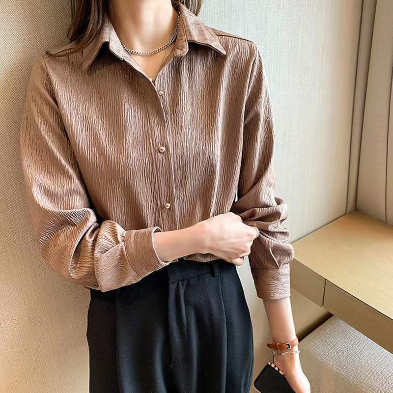 Весна Осень Новая женская однобортная рубашка для поездок на работу Элегантная стильная блузка с воротником-поло в винтажном стиле с длинным рукавом для женщин