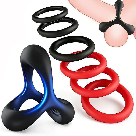 7 Men's Silicone Ring Set and Sleeve for Erection Enhancement, Soft and Elastic Male Sex Toy,Adult toys for couples' pleasure(Black and Blue)