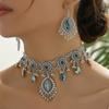 Vintage Ethnic Jewelry Set for Women Rhinestone Hollow Water Drop Necklace Earrings