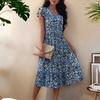 Women's Summer Floral Midi Dress Ruffle Cap Sleeve V Neck Swing Dress Casual Flowy A Line Boho Vacation Dress