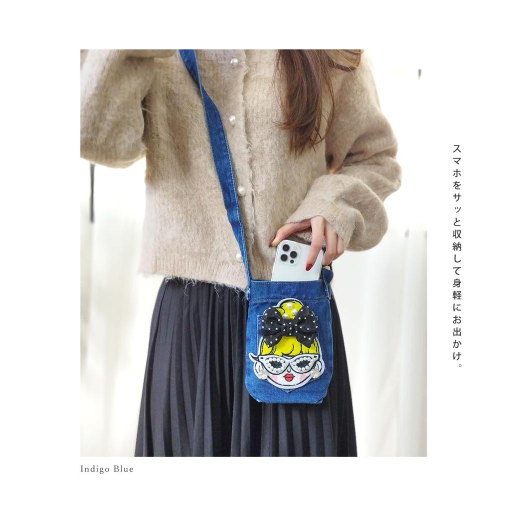 Smartphone Shoulder Denim Smartphone Pouch Pochette Shoulder Bag Pouch Crossbody Vertical Glitter Girl Smartphone Pouch [DIVA Rose] Women's (Black)