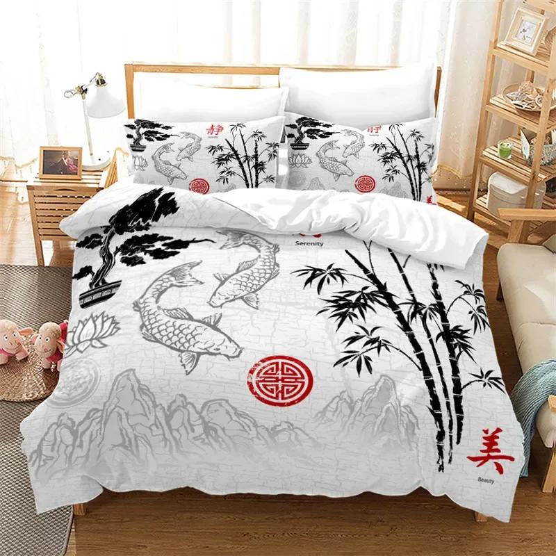 Ink Painting Duvet Cover Japanese Style Mount Fuji Comforter Cover Red Cherry Blossoms Print Bedding Set For Adults Teens Girls