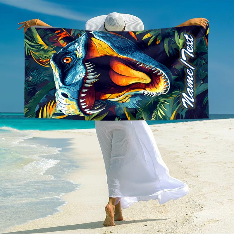 1PC Custom Name Tyrannosaurus Rex Jungle Beach Towel Highly Absorbent And Sand-Resistant Towel for Swimming, Pool, Yoga, And Travel Lightweight