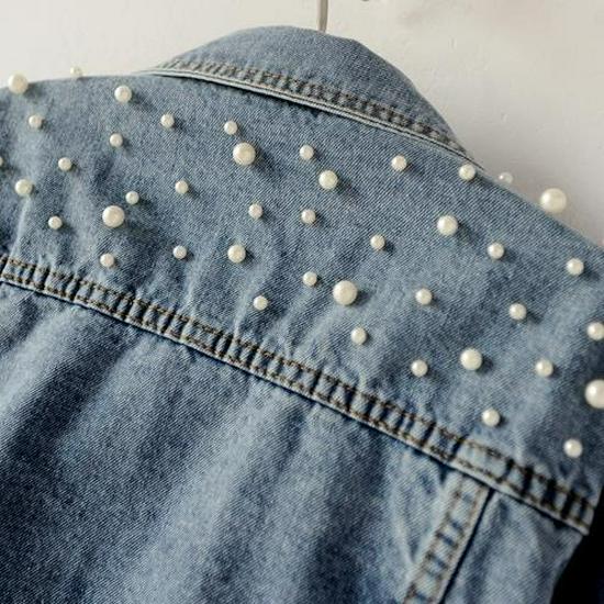 Women's Plus Size Studded Rhinestone Denim Jacket with Pearl Beading