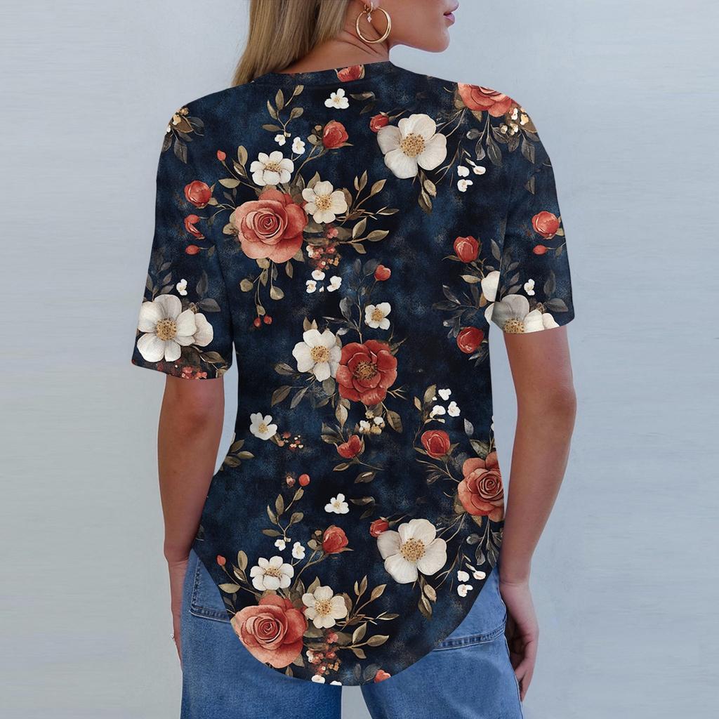 Short Sleeve Womens Tops Summer T-Shirts Floral Print V Neck Casual Basic Tee Button Shirts Tunic Tops