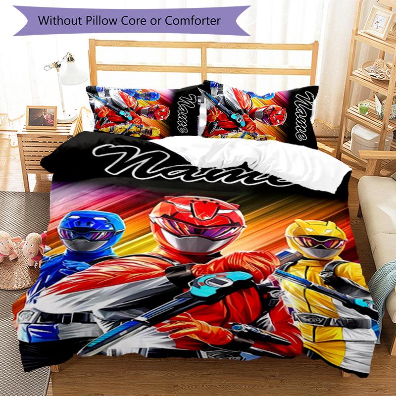 3pcs Mighty Morphin Power Rangers1 Cover Set - Personalized Name, HD Printed Bedding with 1 Cover and 2 Pillowcases - Perfect for Home Decor, Ea