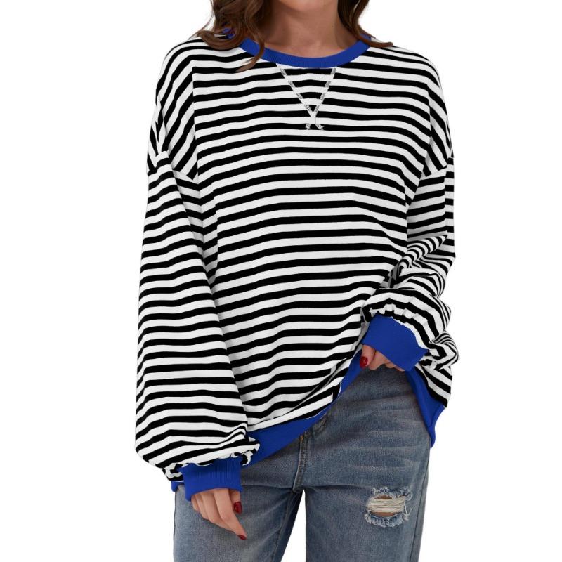 Simple Home Leisure New, Striped Pattern Round Neck Trend Long Sleeve, Pullover Color T-shirt