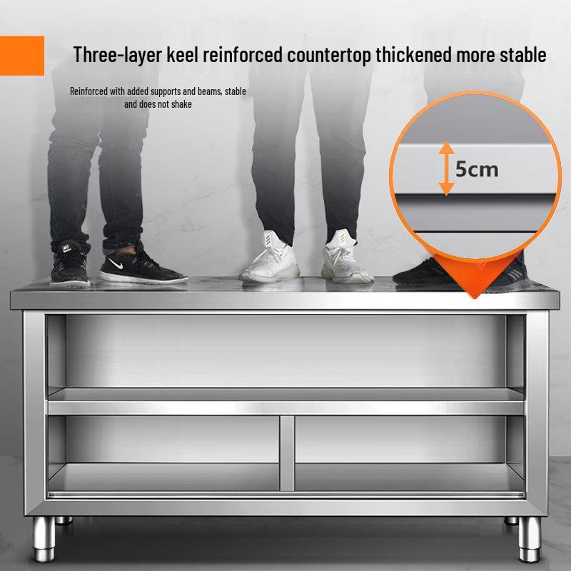 Stainless Steel Sliding Door Kitchen Workbench with Cutting Board and Cabinet Countertop.