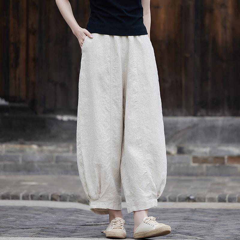 Johnature Женские винтажные шаровары с эластичной резинкой на талии, однотонные льняные брюки, осенние повседневные брюки до щиколотки