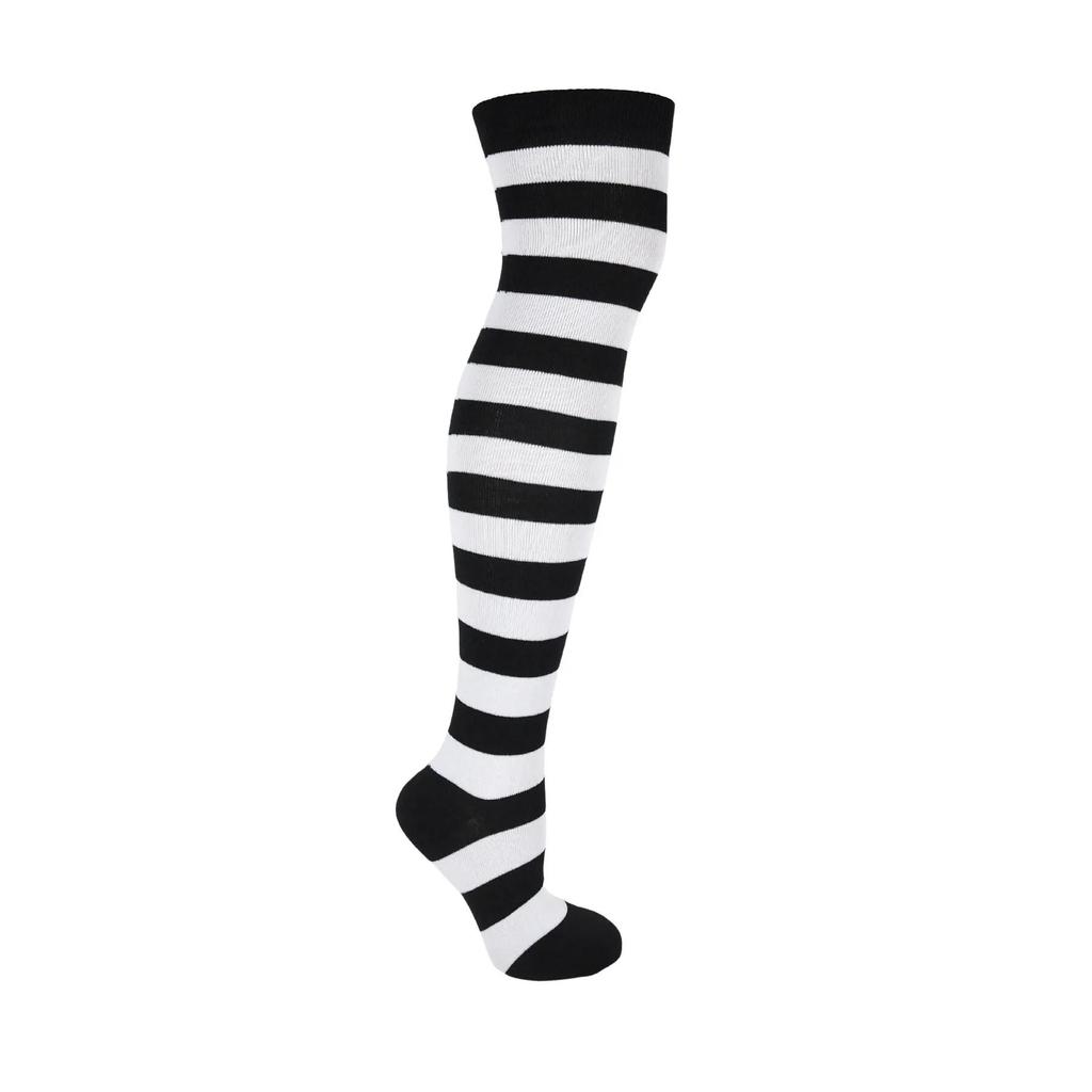 Women's Black and White Striped Cotton Knee High Socks