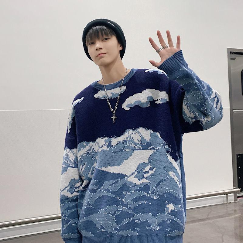Осень и зима Новые свитера мужские Байюнь Снежные горы узор трикотаж утолщенный универсальный стиль пара свободные трикотажные рубашки топы