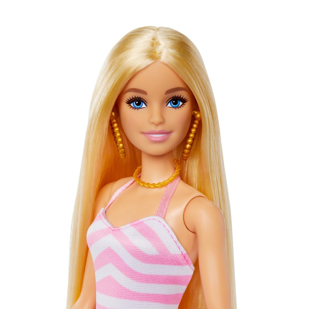 barbie Игровой набор "Кукла на пляже" с розовым полосатым купальником и аксессуарами (Модель HPL73)