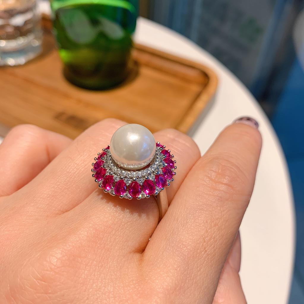 Pearl Earrings Women'S Retro Court Hong Kong Style Temperament Earrings Slightly Set With Rubies Three-Piece Set