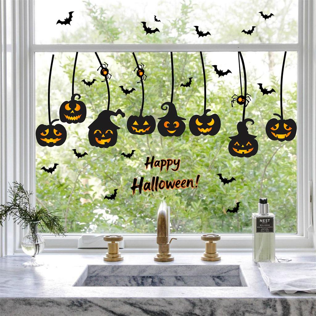 Static Cling Halloween Window Decal Bat and Pumpkin Design Reusable PVC Sticker Decors For Home Office Party Supplies