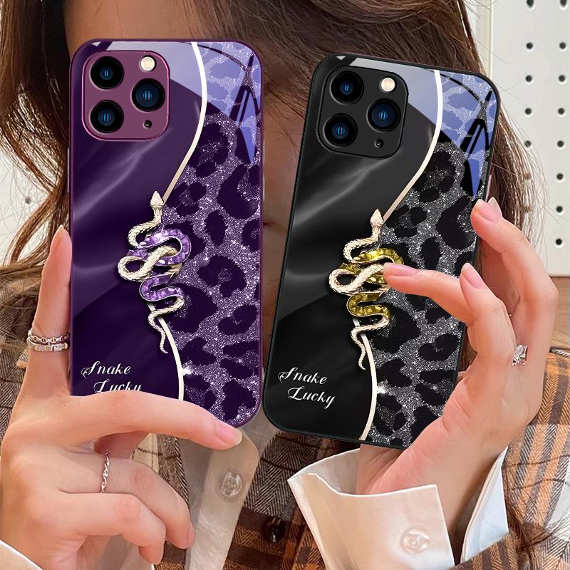 Розовый чехол-бампер со змеиным принтом для IPhone 16 Pro Max 15 Pro 14 13 12 Mini 11 XS Max XR 7 8 Plus SE 2022, закаленное стекло