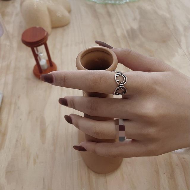 ANENJERY Smiling Face Rings for Women Men Thai Silver Open Finger Rings Wholesale