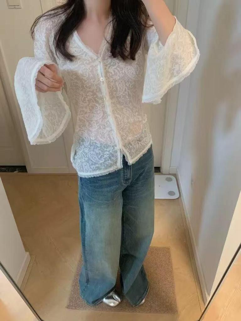 Корейская блузка с V-образным вырезом, 3D-цветочным кружевом, весна-лето - Прозрачный топ с длинным рукавом для защиты от солнца для женщин