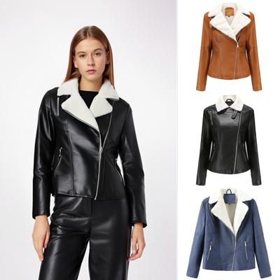 Женские куртки из искусственной кожи с укороченным воротником с лацканами, теплое короткое пальто на фланелевой подкладке, бомбер из искусственной кожи, мотобайкерская одежда, зима-осень, модная верхняя одежда