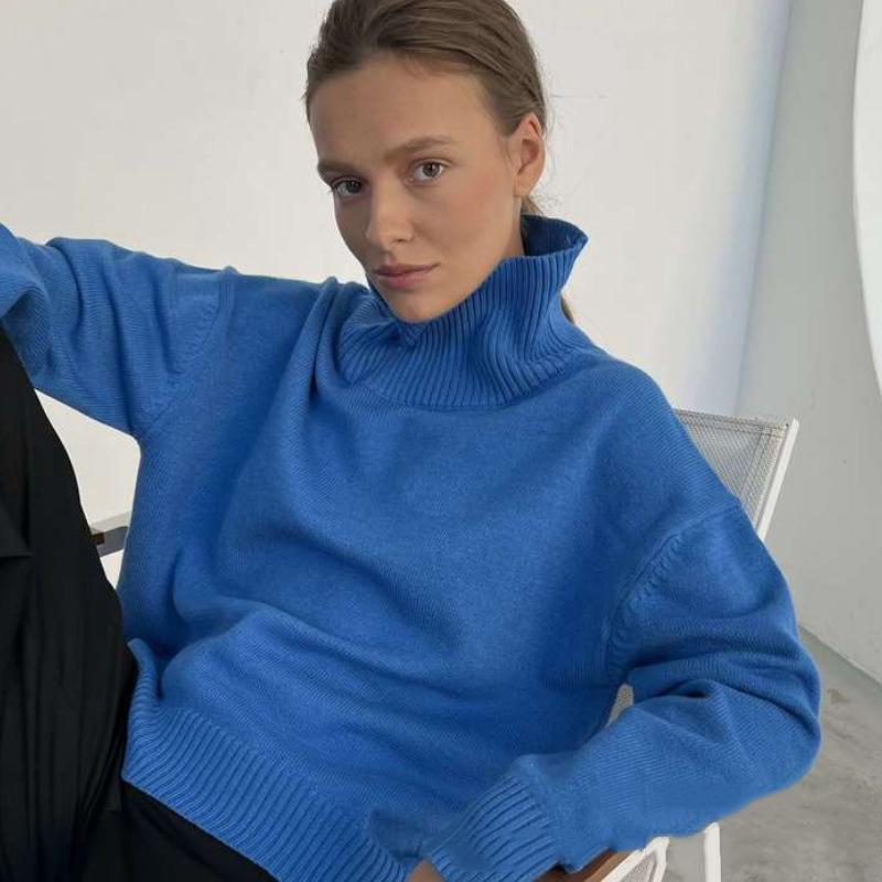 Autumn and Winter High Neck Loose Knitted Top Solid Color Casual Long Sleeve Knitted Sweater