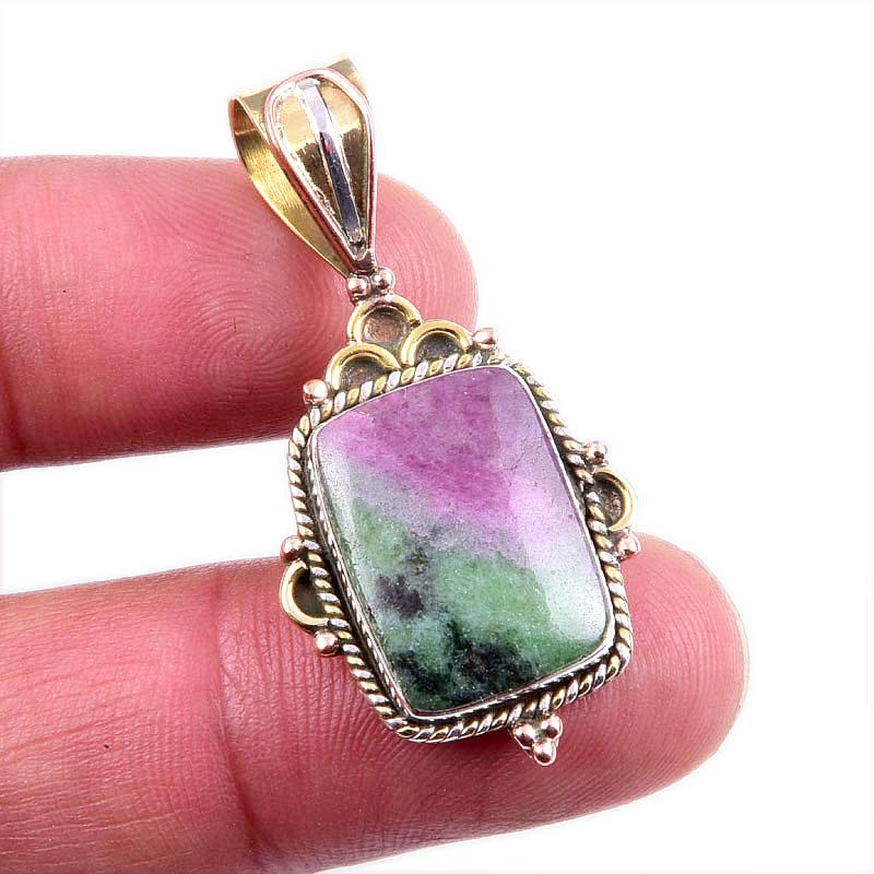 Ruby In Zoisite Lab-Created 925 Sterling Silver Gift Two Tone Pendant 1.5" c8v59
