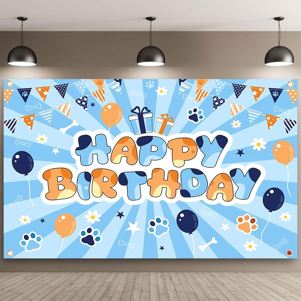 Background with Bluey Paw Print, Cartoon Dog Party Decoration for Boys and Girls.