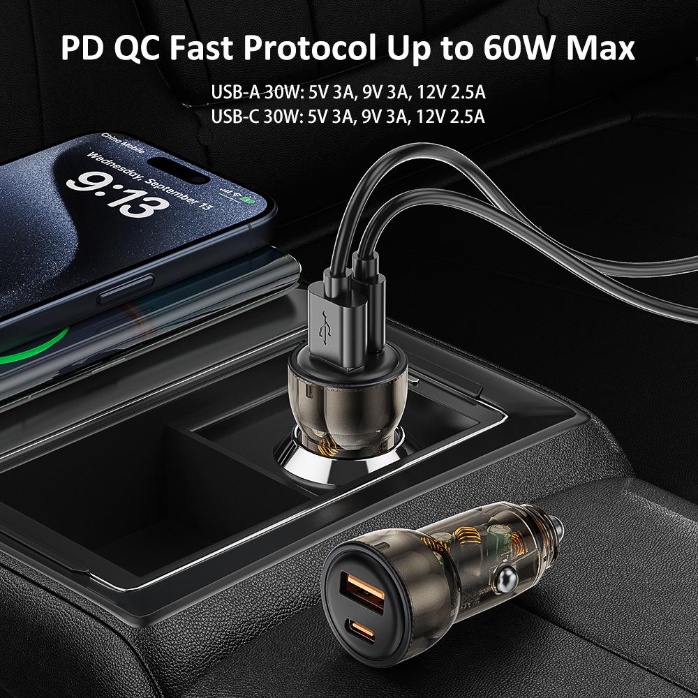 Transparent Mini Car Charger for Samsung: Dual Port Super Fast PD+QC Mobile Phone Flash Charging