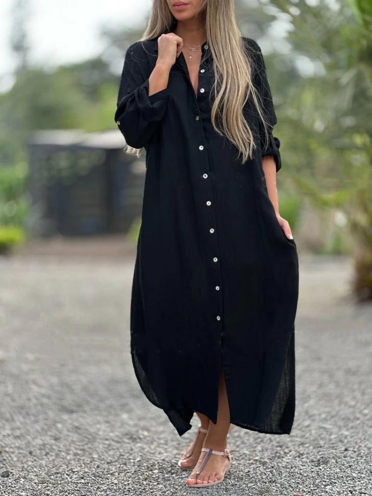 Long Sleeve Maxi Dresses Women Turn Down Collar Casual Cotton Linen Button Shirt Dress