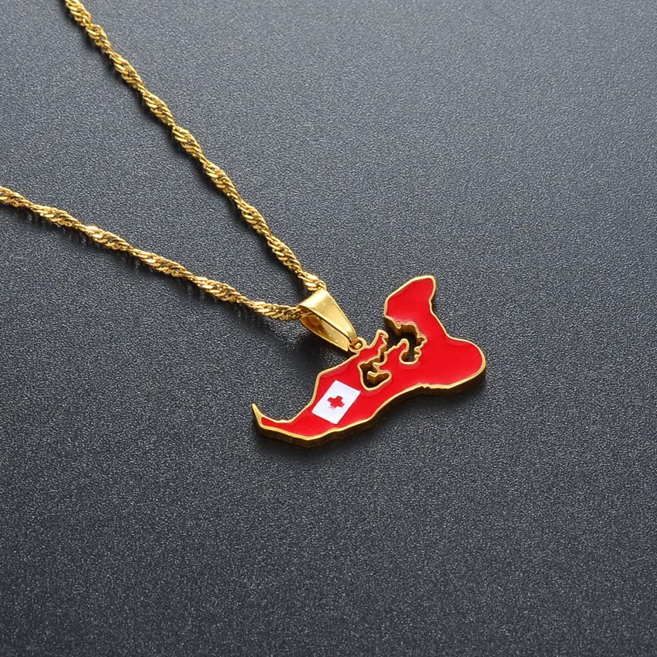 Anniyo Tonga Map & Flag Pendant Necklaces Stainless Steel and Gold Color Tongan Ethnic Jewelry #155021
