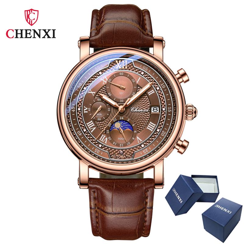 CHENXI 976 Men's Quartz Watch Leather Chronograph Date Phase Moon Timing Business Luminous Watches Gift Relojes Para Hombres
