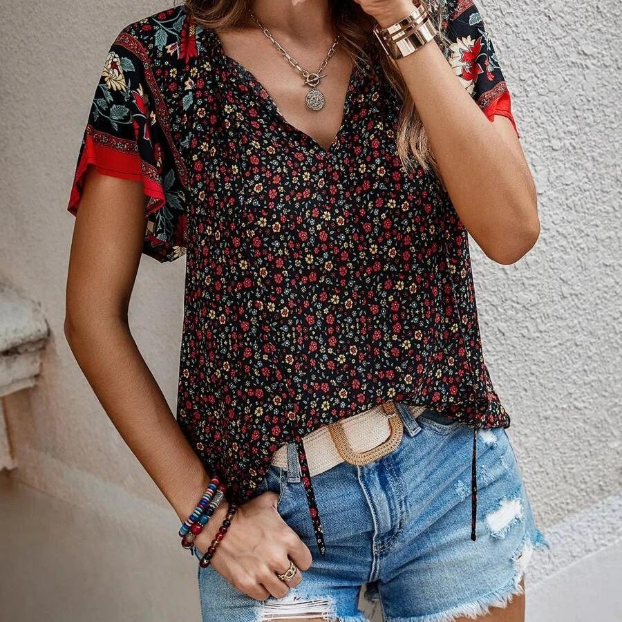 DAFIFY Женские винтажные богемные летние весенние повседневные свободные блузки и рубашки с цветочным узором и принтом с коротким рукавом и v-образным вырезом