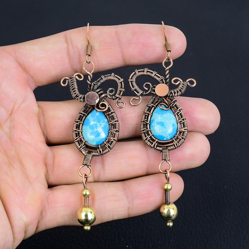 Larimar Earrings, 999 Copper Wire Wrapped Jewelry, Gemstone Earrings, Gift For Her Handmade Dainty Jewelry