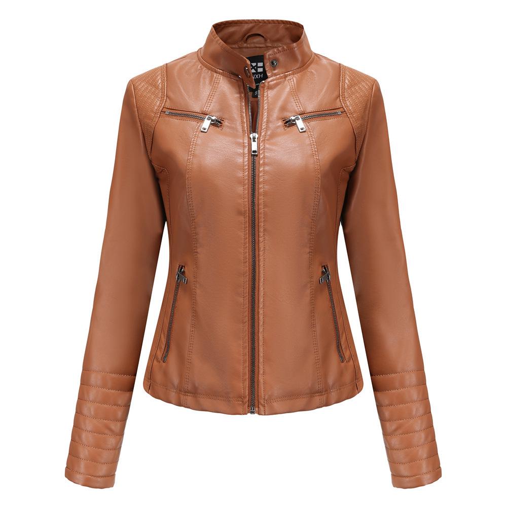 Women's European & American Spring/Autumn Leather Motorcycle Jacket - Stylish Short Design