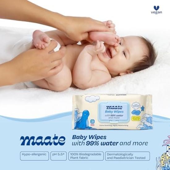 Maate Baby Wipes (Pack of 2, 144 Wipes) | Soothing & Hypoallergenic | Infused With Plant Squalane, Tamanu Oil & Aloe Vera | Moisturizing & Hydrating