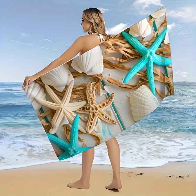 Coastal Starfish Seashell Print Beach Towel Microfiber Quick Dry Absorbent Sand-Free Summer Pool Bath Towel for Vacation