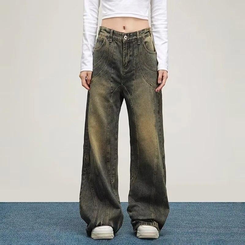 Винтажные джинсы желтого цвета грязи с высокой талией, женские прямые мешковатые джинсовые брюки в стиле ретро 90-х годов, женские уличные брюки Y2k, повседневные широкие брюки