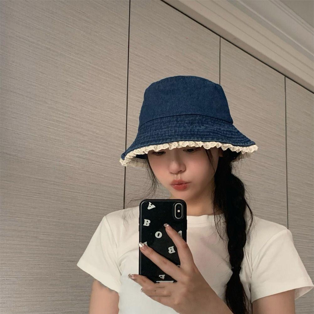Big Brimmed Denim Bucket Hat Y2K Panama Hat Casual Lace Fisherman Hat Lady
