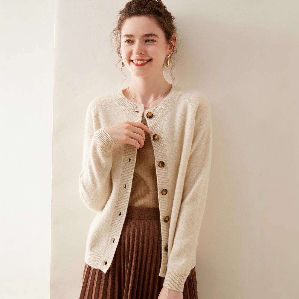 Women's Long Sleeve Korean Style Cashmere Cardigan - Thick Crew Neck, Loose Fit, Slimming Raglan Sweater