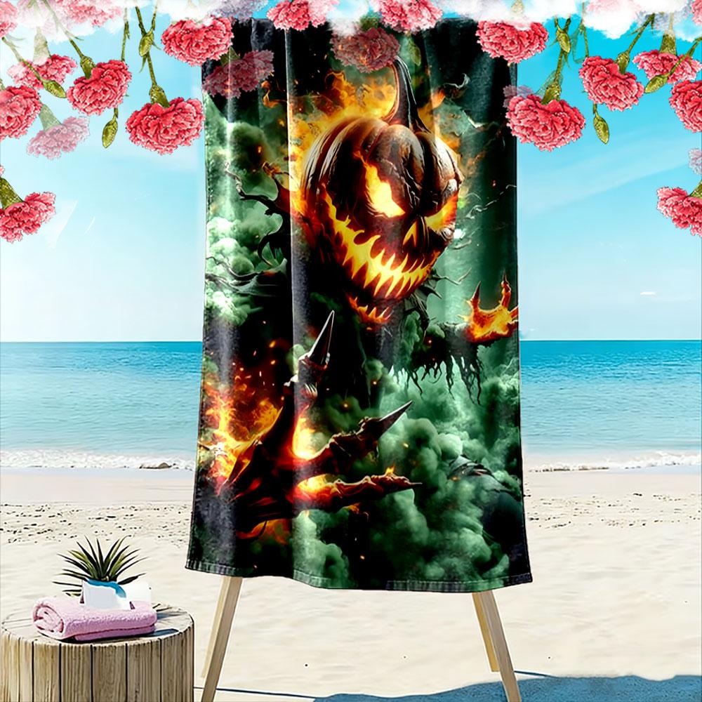 Fiery pumpkin's haunting glare Print beach towel, quick drying, suitable for travel, outdoor sports, jogging, the beach and swimming, gift