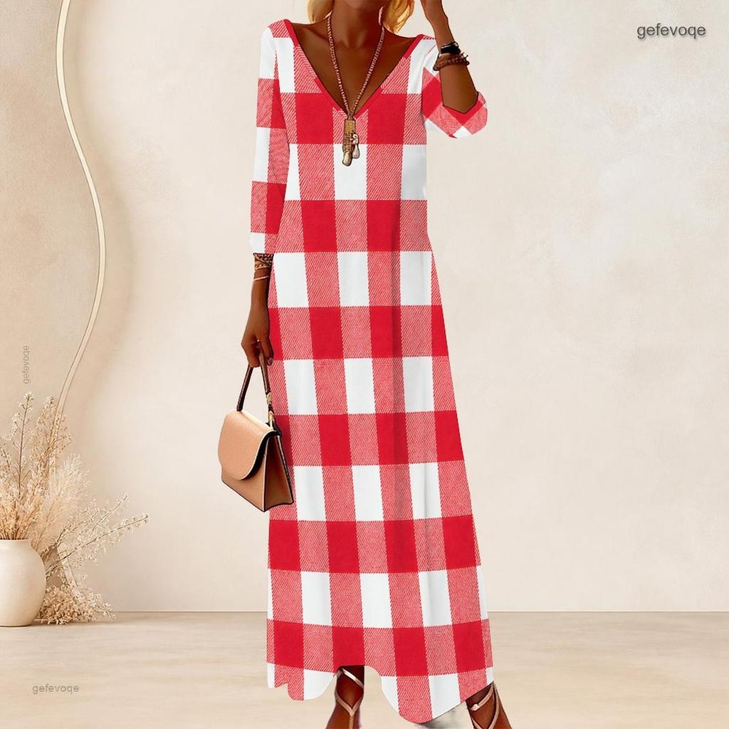 Women Plus Size V Neck Three Quarter Sleeve Polka Dot Printed Long Dress
