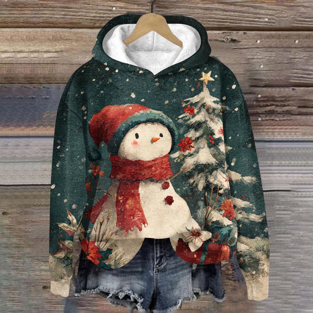 Women's Fashion Long Sleeve Christmas Print Loose Hooded Sweatshirt Top