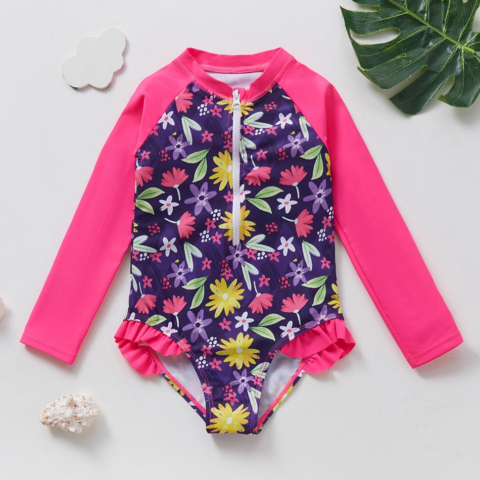 2025 Купальник с длинным рукавом для девочек, цельный, с рисунком рыбьей чешуи и защитой от солнца