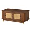 Coffee Table with Rattan Sliding Doors, Rounded Corners, Storage Space, MDF, Wood Look, Living Room Table, Modern Design