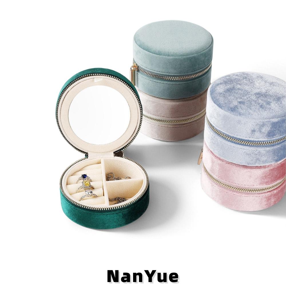 Custom Logo Round Velvet Jewelry Box with Mirror Portable Travel Zipper Rings Earrings Necklaces Jewelry Storage Box