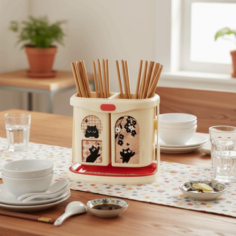 Large Capacity Wall Mounted Chopstick Cage Cartoon Pattern Draining Function Kitchen Storage Tube Divided Compartments Plastic