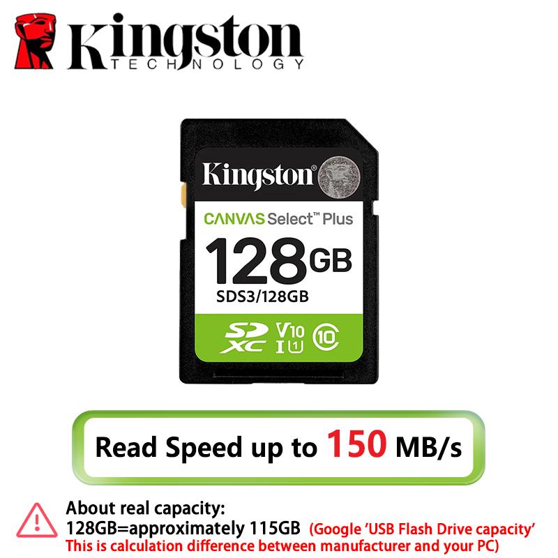 Kingston SD-карта 128 ГБ Класс 10 UHS-I U1 V10 64 ГБ 256 ГБ 512 ГБ Карта памяти До 150 МБ/с чтение SDXC Флеш-карта Canvas Select Plus для камеры