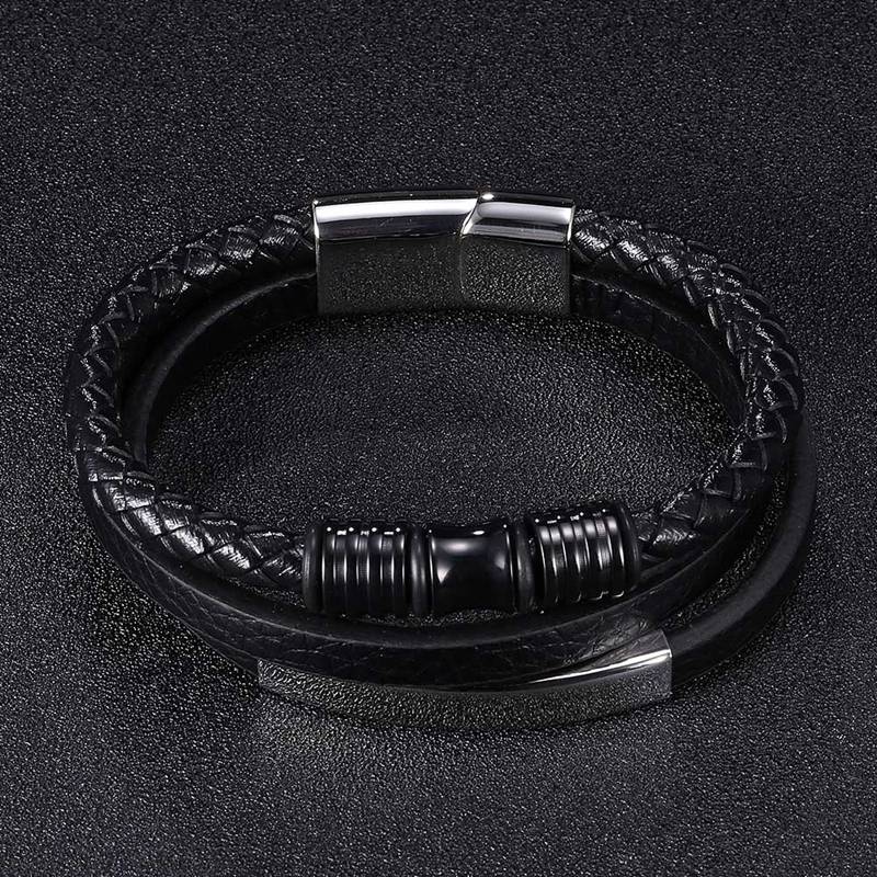Fashion Stainless Steel Charm Men Bracelet Clasp Braided Mutilayer Leather Wrapping Punk Bangles Man Jewelry BB0999