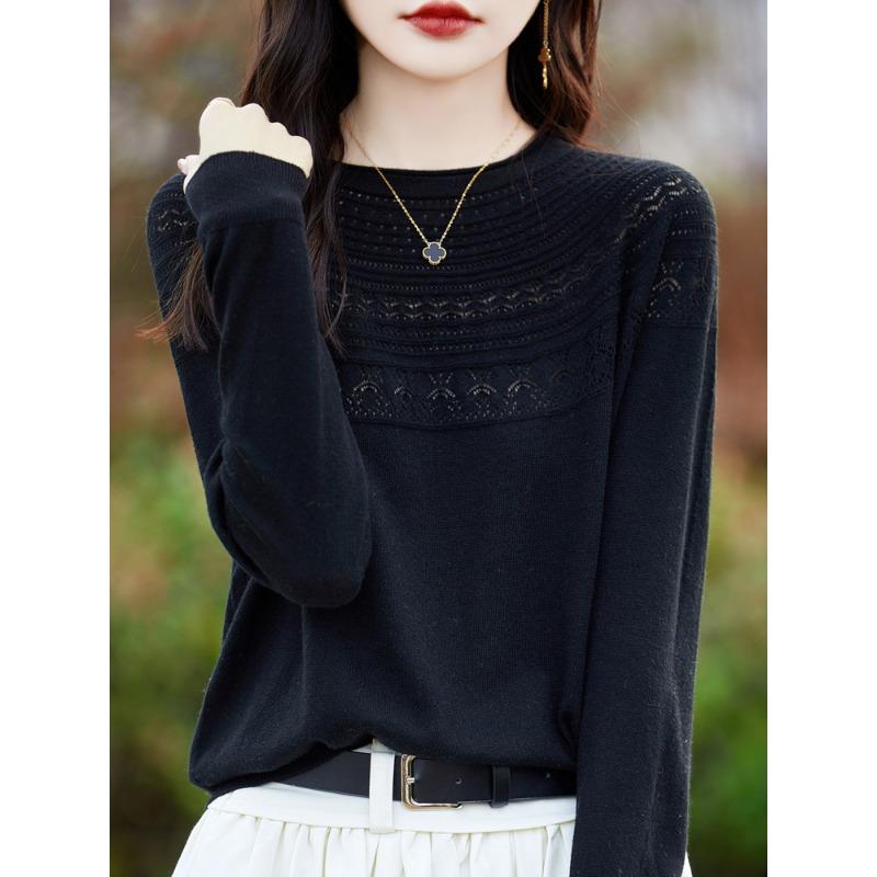 One-line Ready-to-wear Rolled Round Neck Hollow Wool Sweater for Women In Summer Loose Versatile Thin Wool Base Shirt for Women
