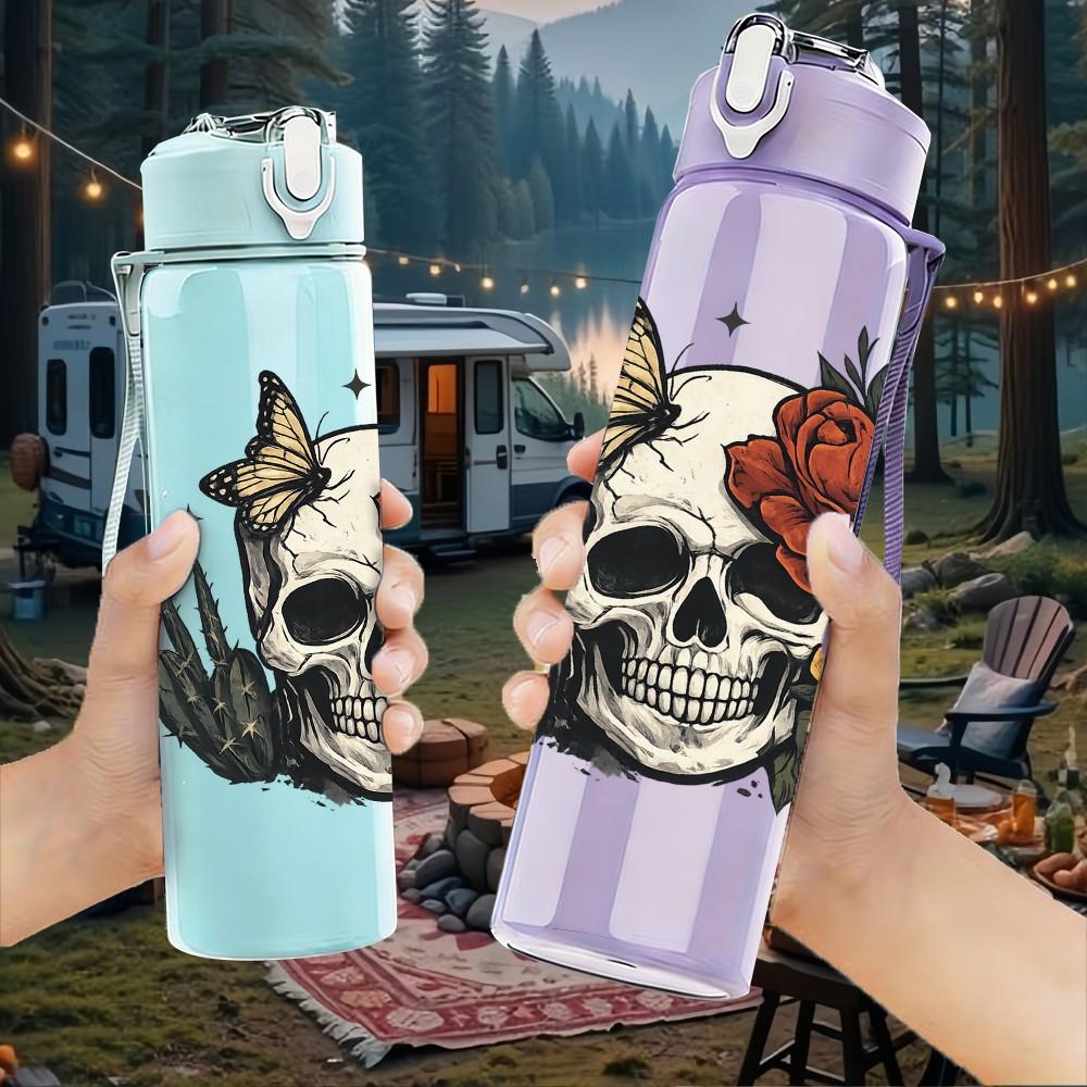 1PC Skull With Red Rose Floral Tattoo Print 750ml Color Plastic Sports Water Bottle Leakproof Flip Straw Lid Suitable for Sports Office Home Use